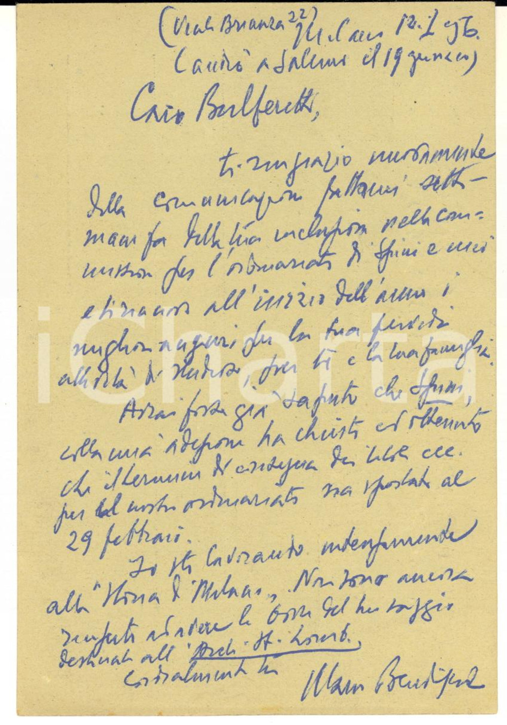 1956 MILANO INSMLI Cartolina Mario BENDISCIOLI per ringraziamento - AUTOGRAFO