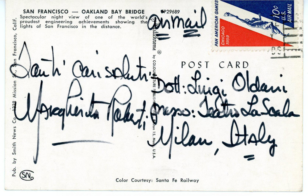 1970 ca SAN FRANCISCO LIRICA Soprano Margherita ROBERTI Cartolina con AUTOGRAFO