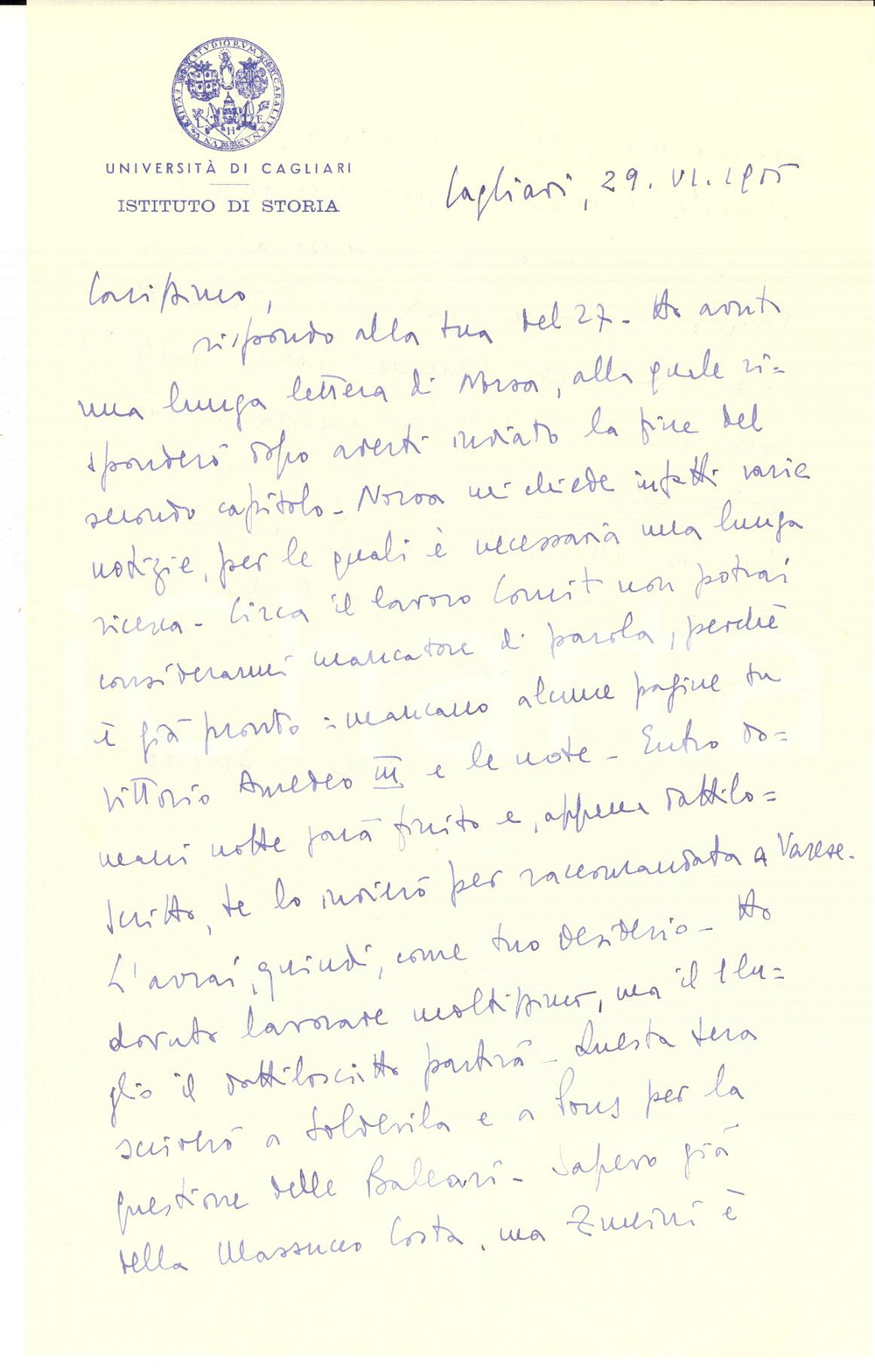 1965 CAGLIARI Lettera Alberto BOSCOLO per conclusione di un lavoro - Autografo