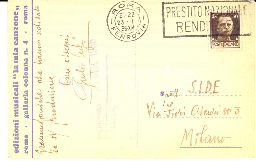 1936 ROMA Giulio LUPI - Edizioni musicali "La mia canzone" - Cartolina AUTOGRAFA