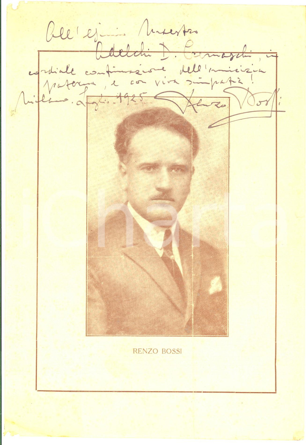1925 MILANO Renzo BOSSI compositore - Stampa con AUTOGRAFO per Adelchi CREMASCHI