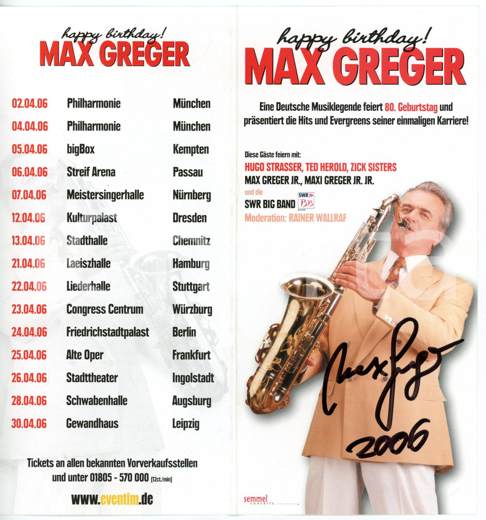 2006 MUSICA 80° compleanno Max GREGER - Pieghevole pubblicitario con AUTOGRAFO
