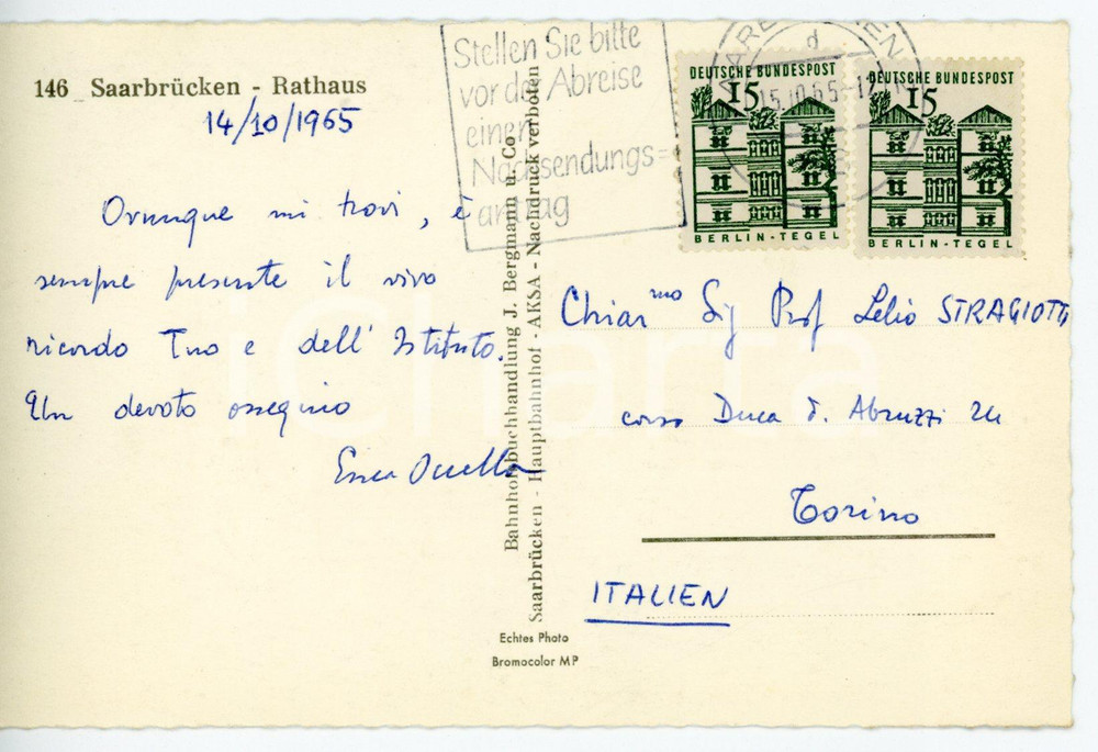1965 SAARBRUCKEN Professor Enea OCCELLA - Cartolina con AUTOGRAFO - FP VG