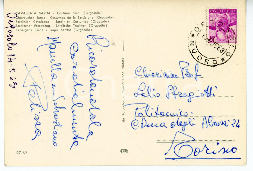 1963 ORGOSOLO Mariella e Sebastiano PELIZZA - Cartolina con messaggio AUTOGRAFO