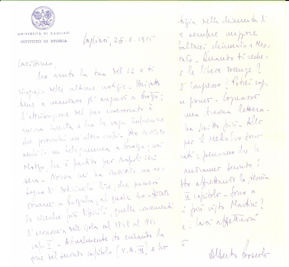 1955 CAGLIARI Lettera Alberto BOSCOLO per lavoro in preparazione - Autografo