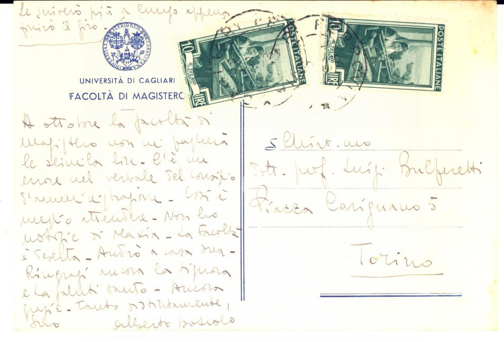 1962 CAGLIARI Cartolina Alberto BOSCOLO a Luigi BULFERETTI - Autografo