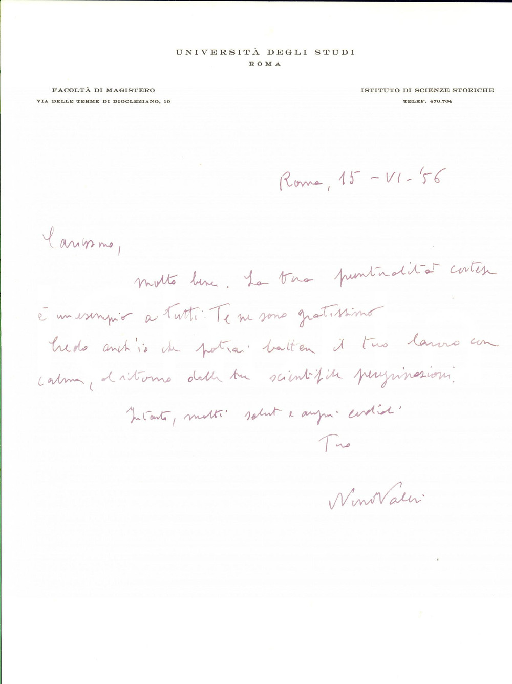 1956 ROMA Lettera storico Nino VALERI per ringraziamento - Autografo