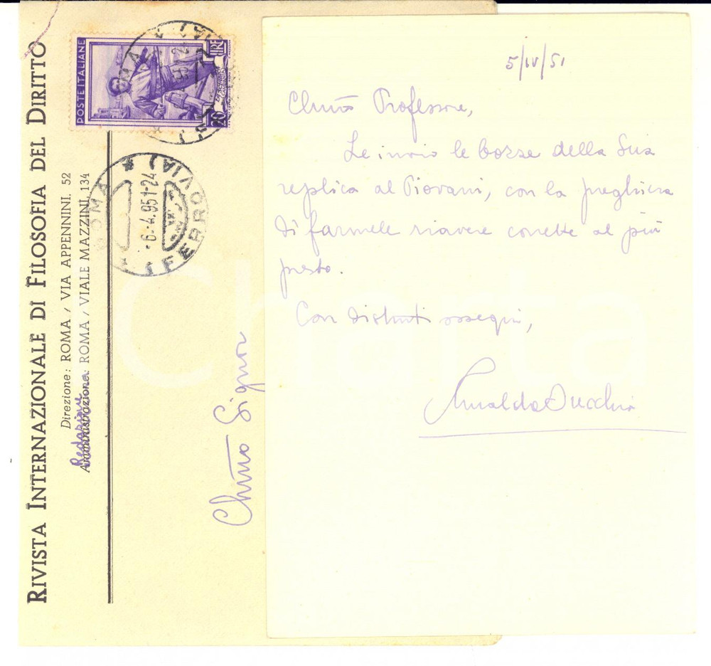 1951 ROMA Cartolina Rinaldo ORECCHIA - Rivista di Filosofia del Diritto