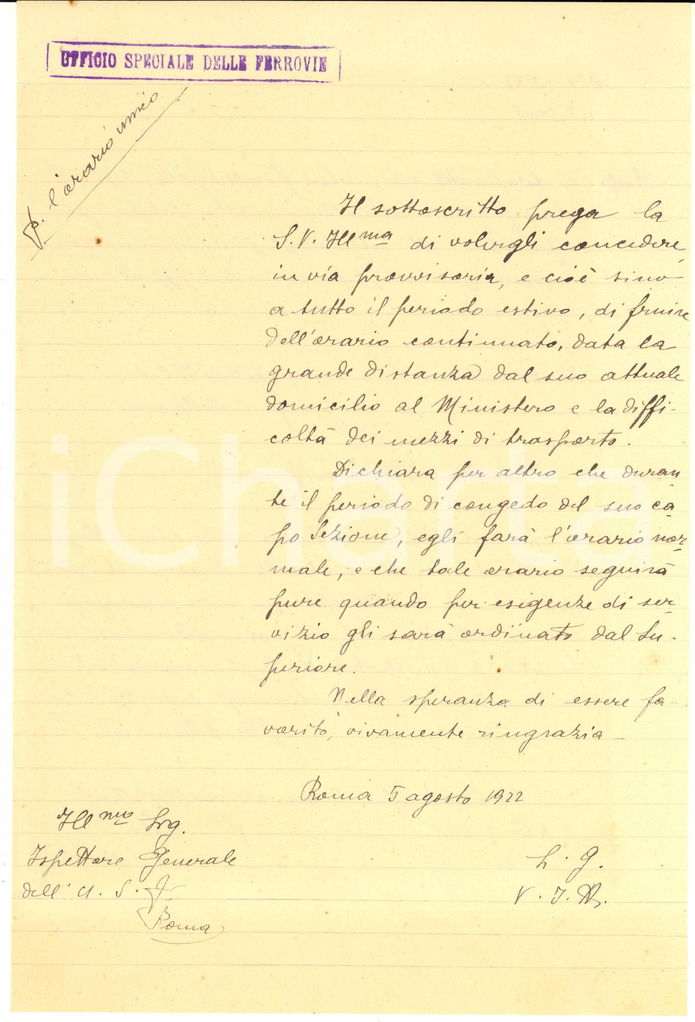 1922 ROMA Ufficio Speciale delle Ferrovie - Lettera per orario continuato