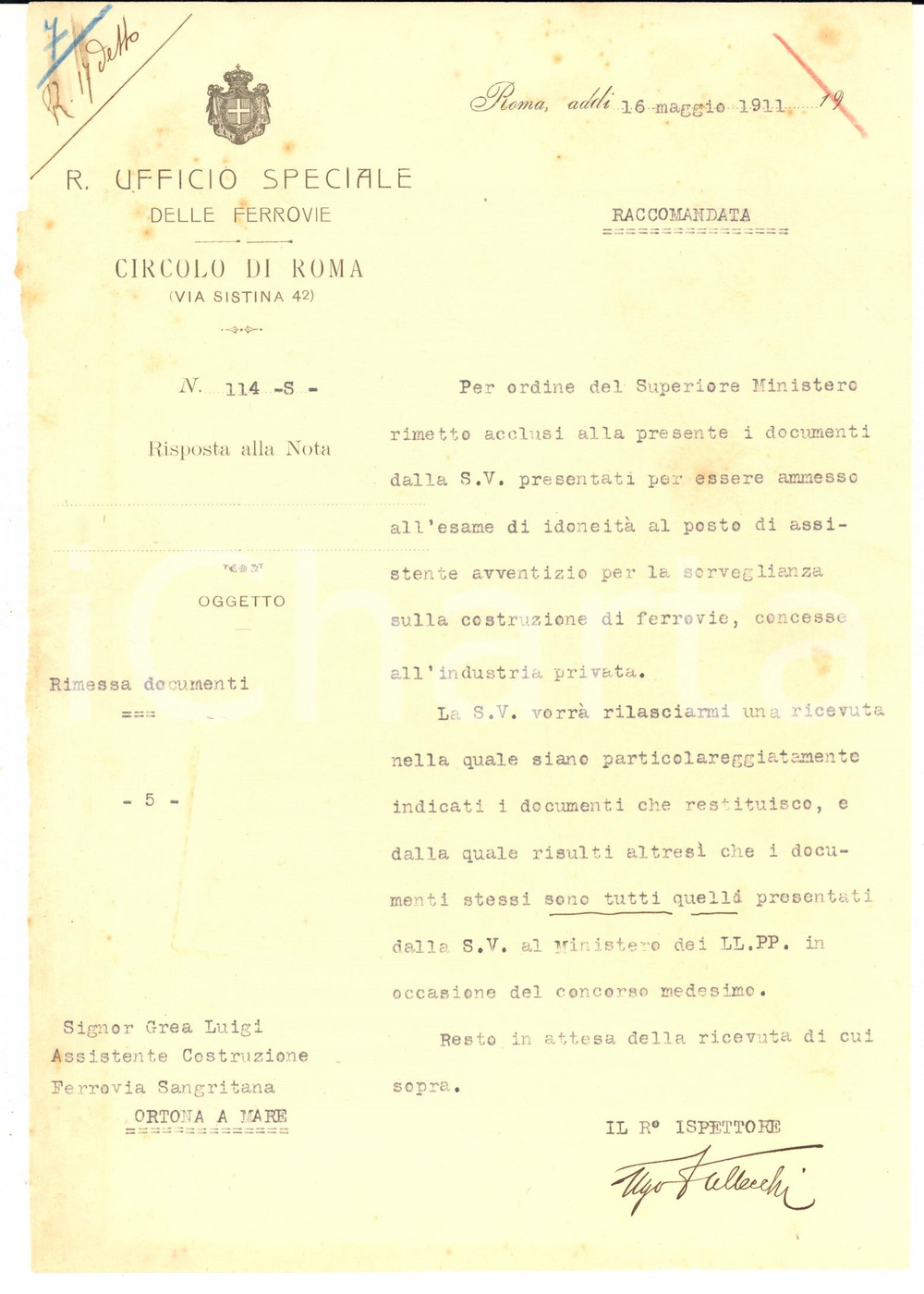 1911 ROMA Ufficio FERROVIE - Lettera Regio Ispettore Ugo VALLECCHI per idoneità