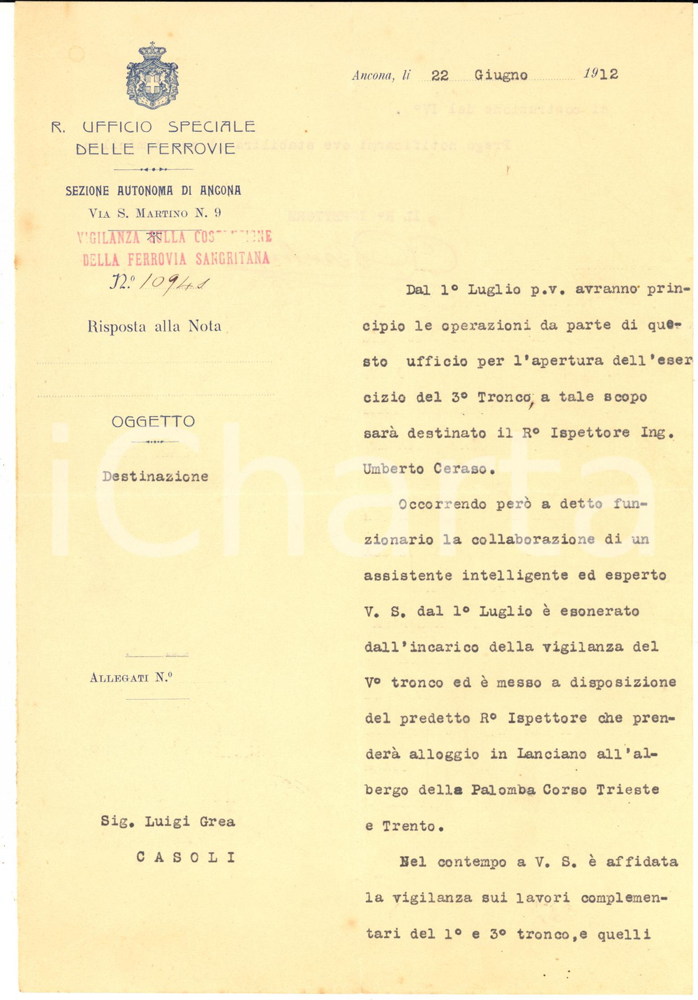 1912 ANCONA Ufficio FERROVIE Lettera vigilanza costruzione Ferrovia Sangritana