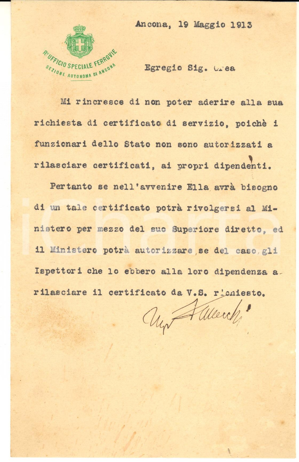 1913  ANCONA Ufficio FERROVIE Lettera per rilascio certificati di servizio