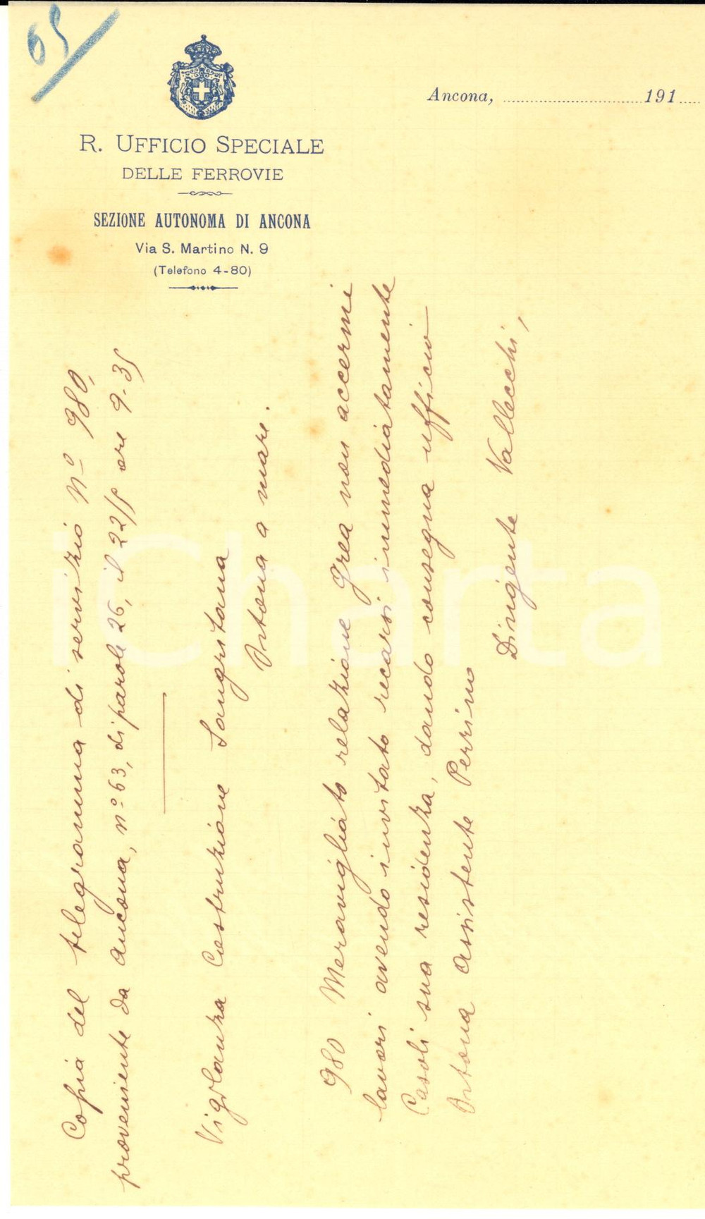1913 ANCONA Ufficio FERROVIE - Funzionario meravigliato per relazione ricevuta