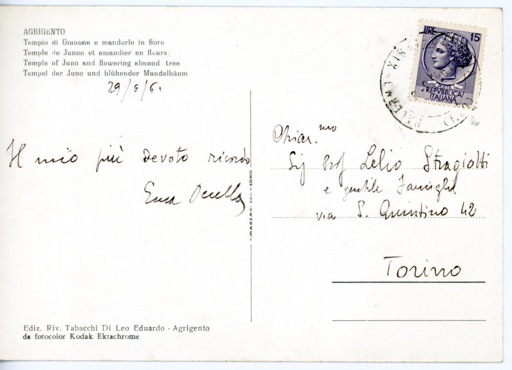 1961 AGRIGENTO Professor Enea OCCELLA *Cartolina con AUTOGRAFO - FG VG