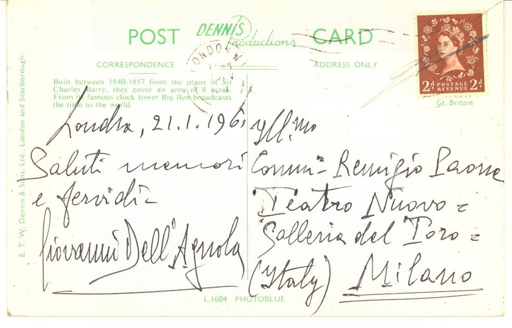 1961 LONDON Pianista Giovanni DELL'AGNOLA - Cartolina a Remigio Paone FP VG