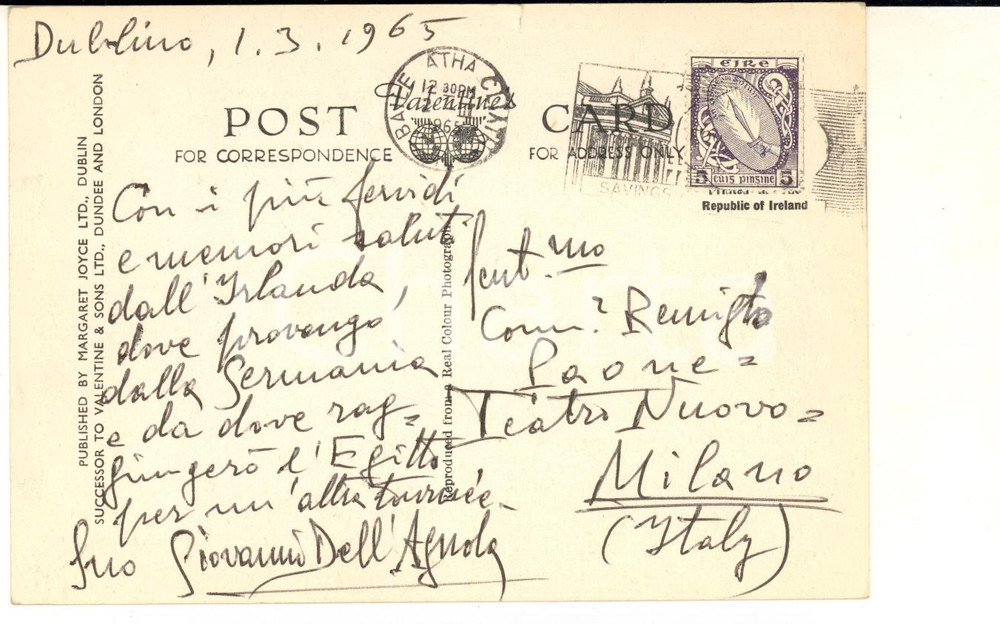 1965 DUBLINO Pianista Giovanni DELL'AGNOLA - Cartolina a Remigio Paone FG VG
