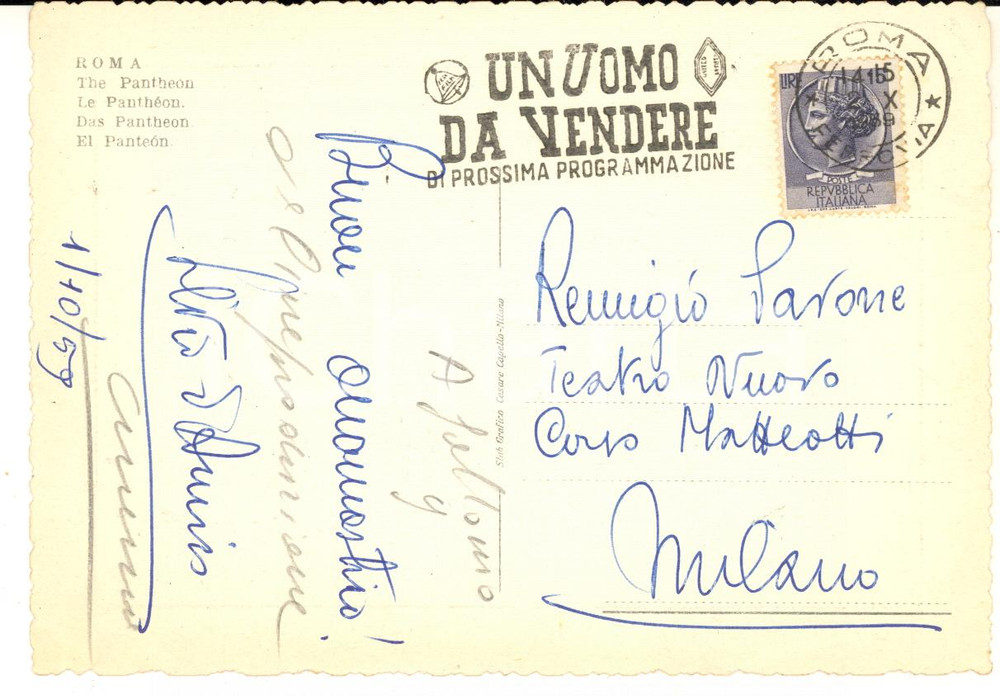 1959 ROMA Cartolina Silvio D'AMICO a Remigio Paone per auguri - AUTOGRAFO FG VG