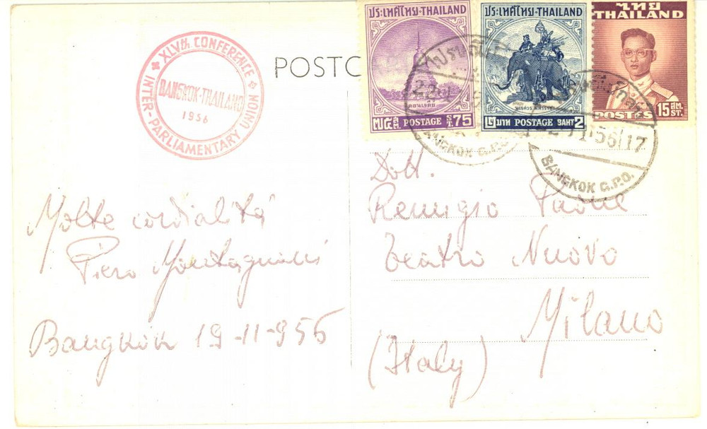 1956 BANGKOK Cartolina Piero MONTAGNANI - Inter-Parliamentary Union- AUTOGRAFO