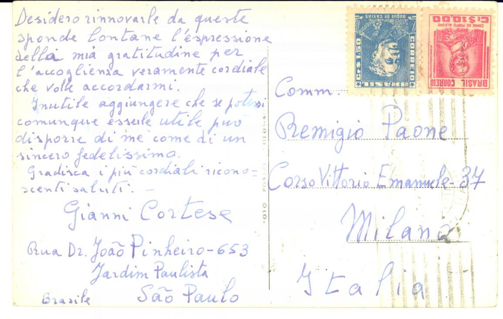 1950 ca SAO PAULO Cartolina Gianni CORTESE a Remigio Paone - AUTOGRAFO Fp VG