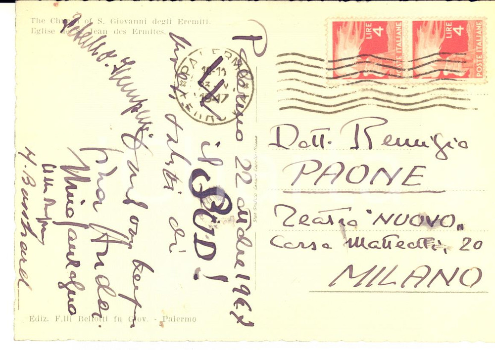 1947 PALERMO Cartolina Nino SANZOGNO e musicisti a Remigio Paone - AUTOGRAFO VG