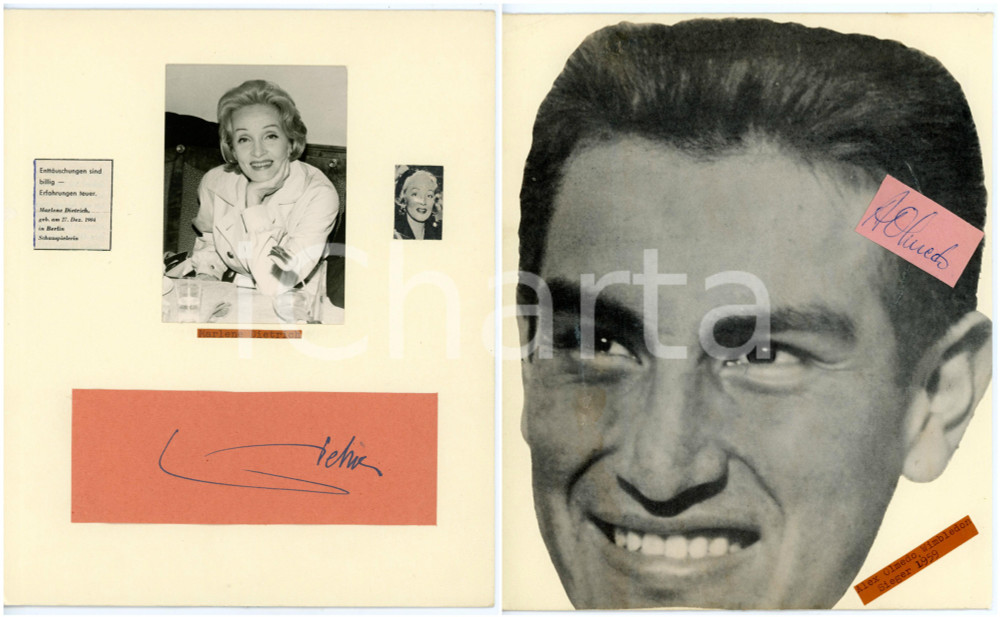 1959 Marlene DIETRICH - Alex OLMEDO - Collage con AUTOGRAFI 20x24 cm