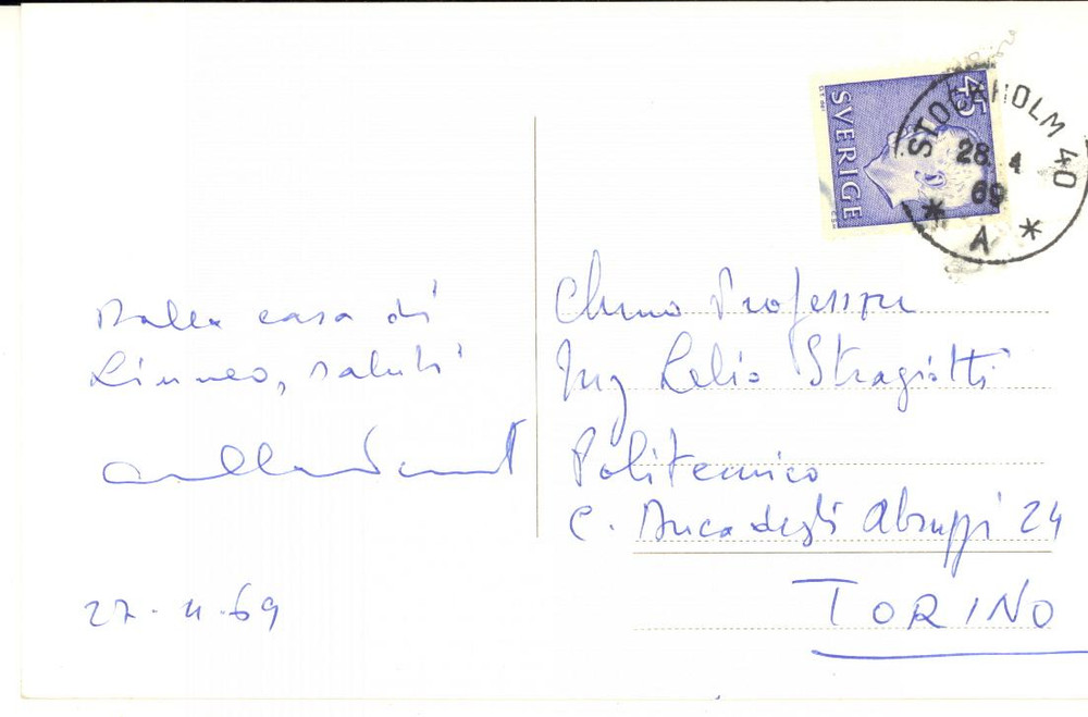 1969 UPPSALA Cartolina Augusto CAVALLARI MURAT architetto - AUTOGRAFO FP VG