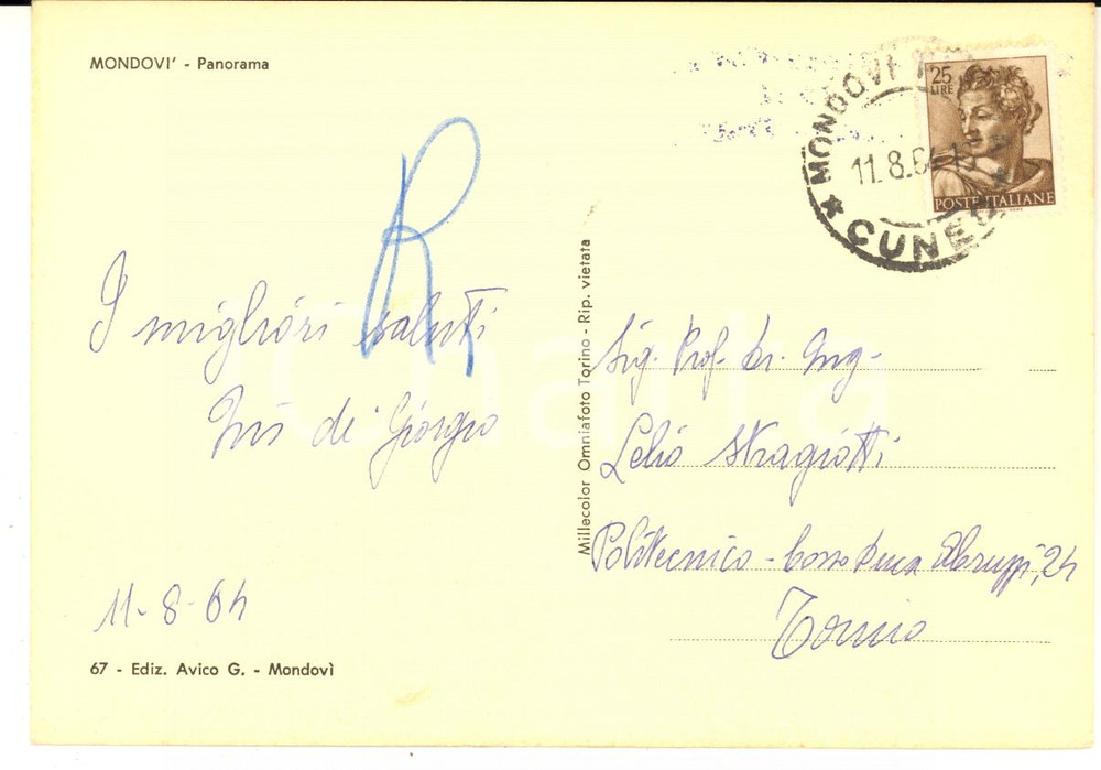 1964 MONDOVI' Cartolina Quirino DE GIORGIO architetto futurista - AUTOGRAFO