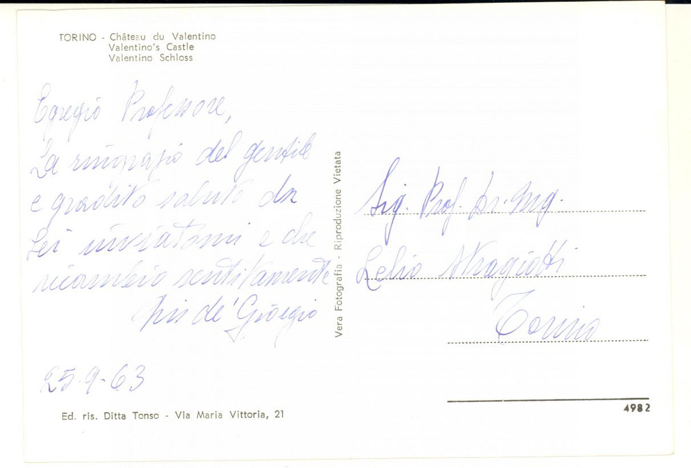 1963 TORINO Cartolina Quirino DE GIORGIO architetto futurista - AUTOGRAFO