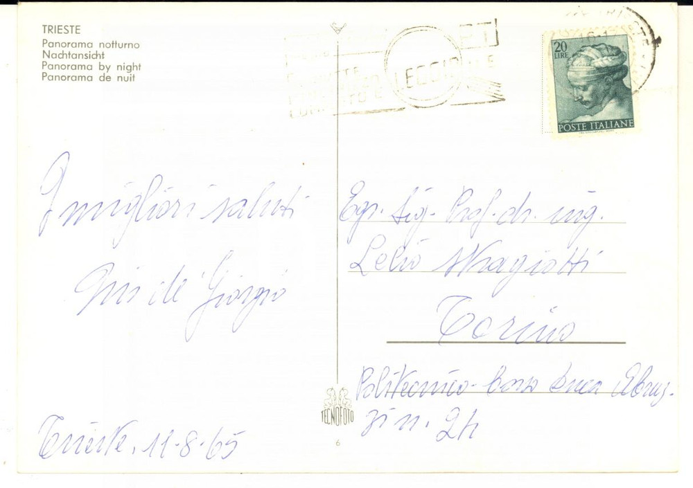 1965 TRIESTE Cartolina Quirino DE GIORGIO architetto futurista - AUTOGRAFO