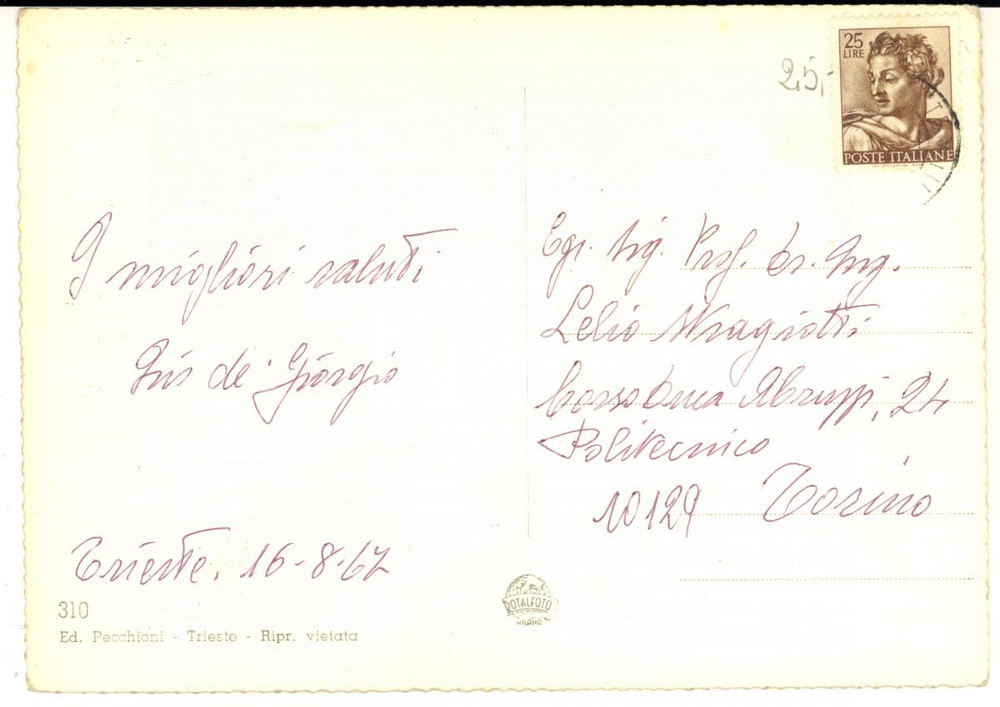 1967 TRIESTE Cartolina Quirino DE GIORGIO architetto futurista - AUTOGRAFO