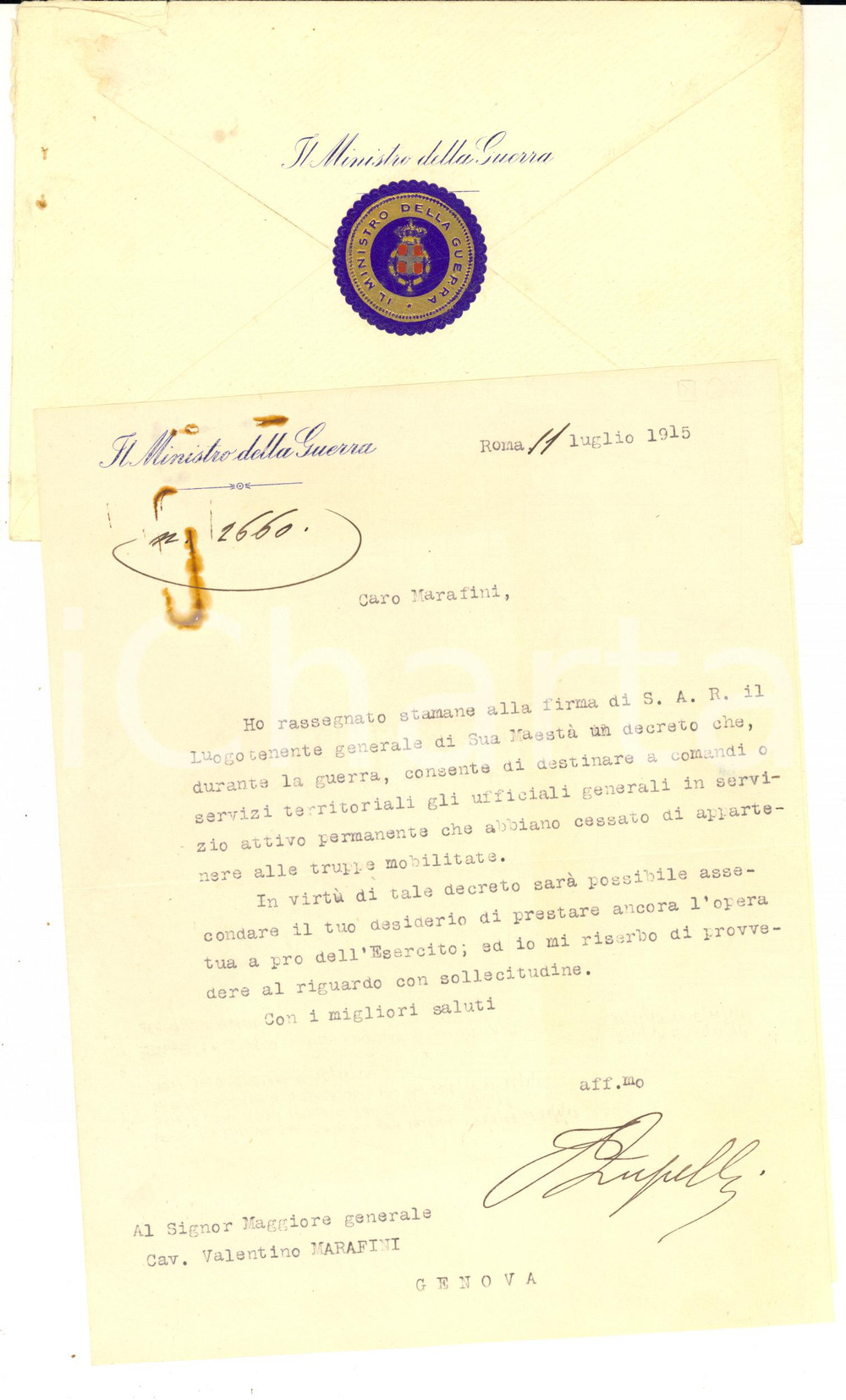 1915 ROMA Lettera Vittorio ZUPELLI ministro della Guerra pro ufficiale AUTOGRAFO
