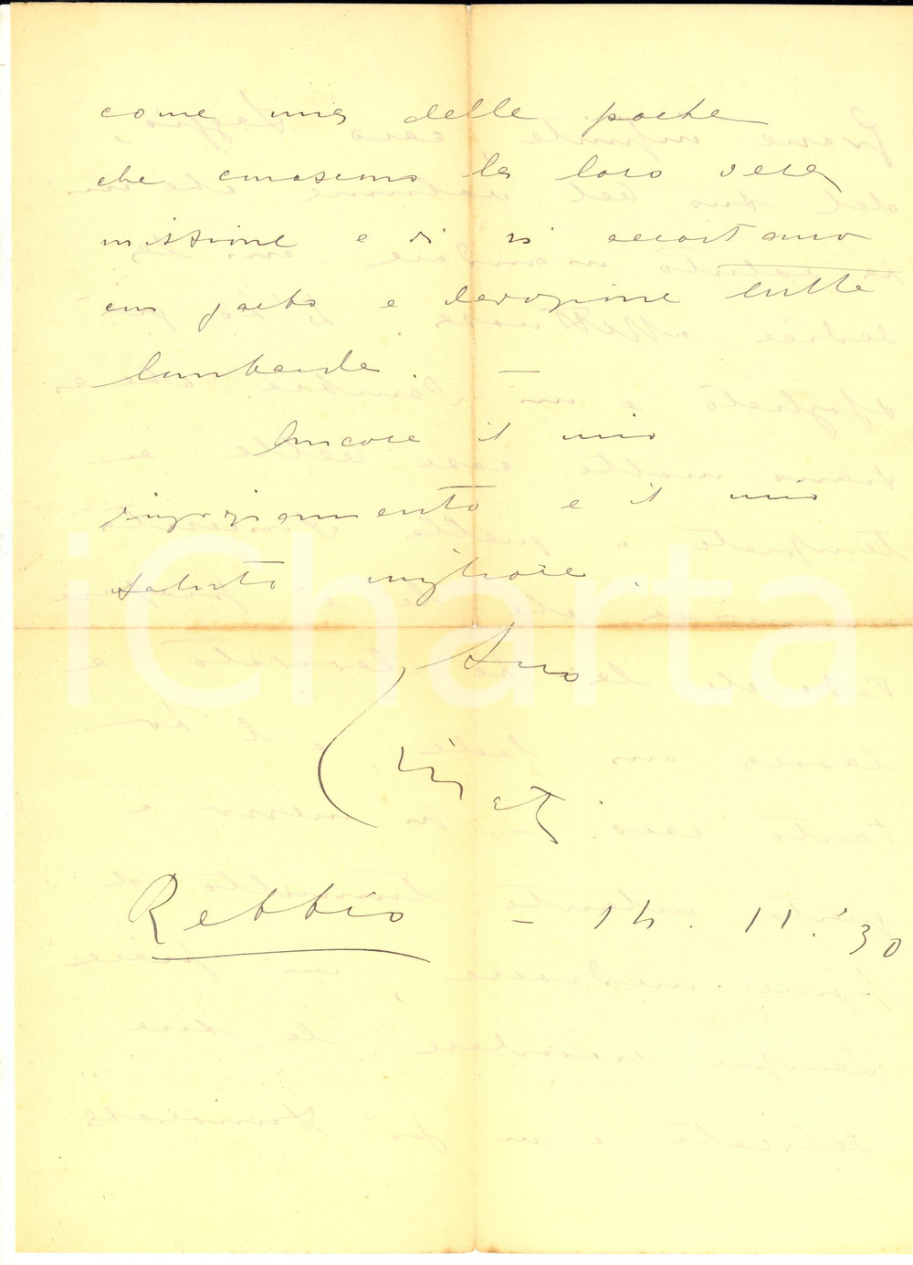 1930 REBBIO Lettera scrittore Carlo LINATI per ringraziamento - AUTOGRAFO