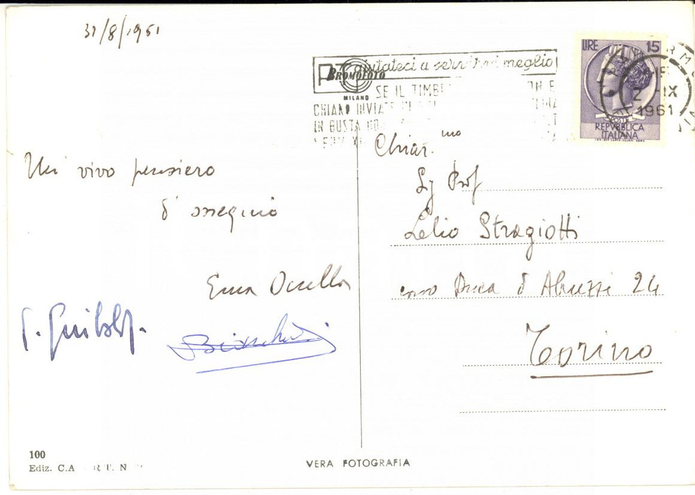 1961 CALTANISSETTA Cartolina prof. Enea OCCELLA - AUTOGRAFO FG VG