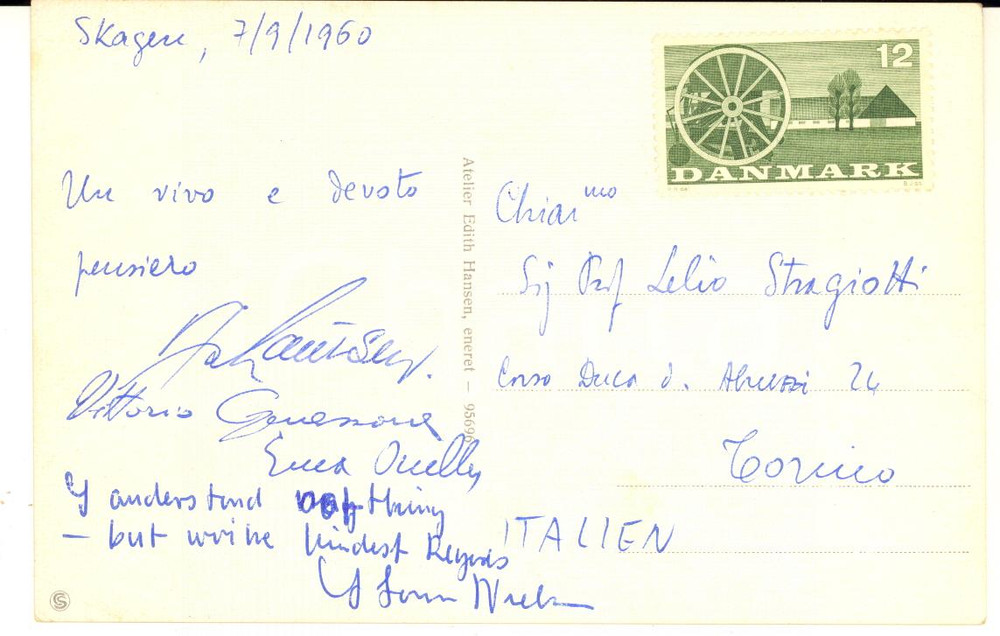 1960 SKAGEN (DENMARK) Cartolina prof. Enea OCCELLA - AUTOGRAFO FP VG