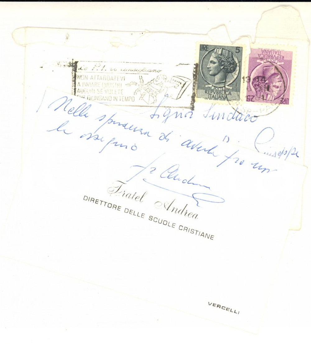 1966 VERCELLI Fratel Andrea - Direttore Scuole Cristiane - Biglietto AUTOGRAFO