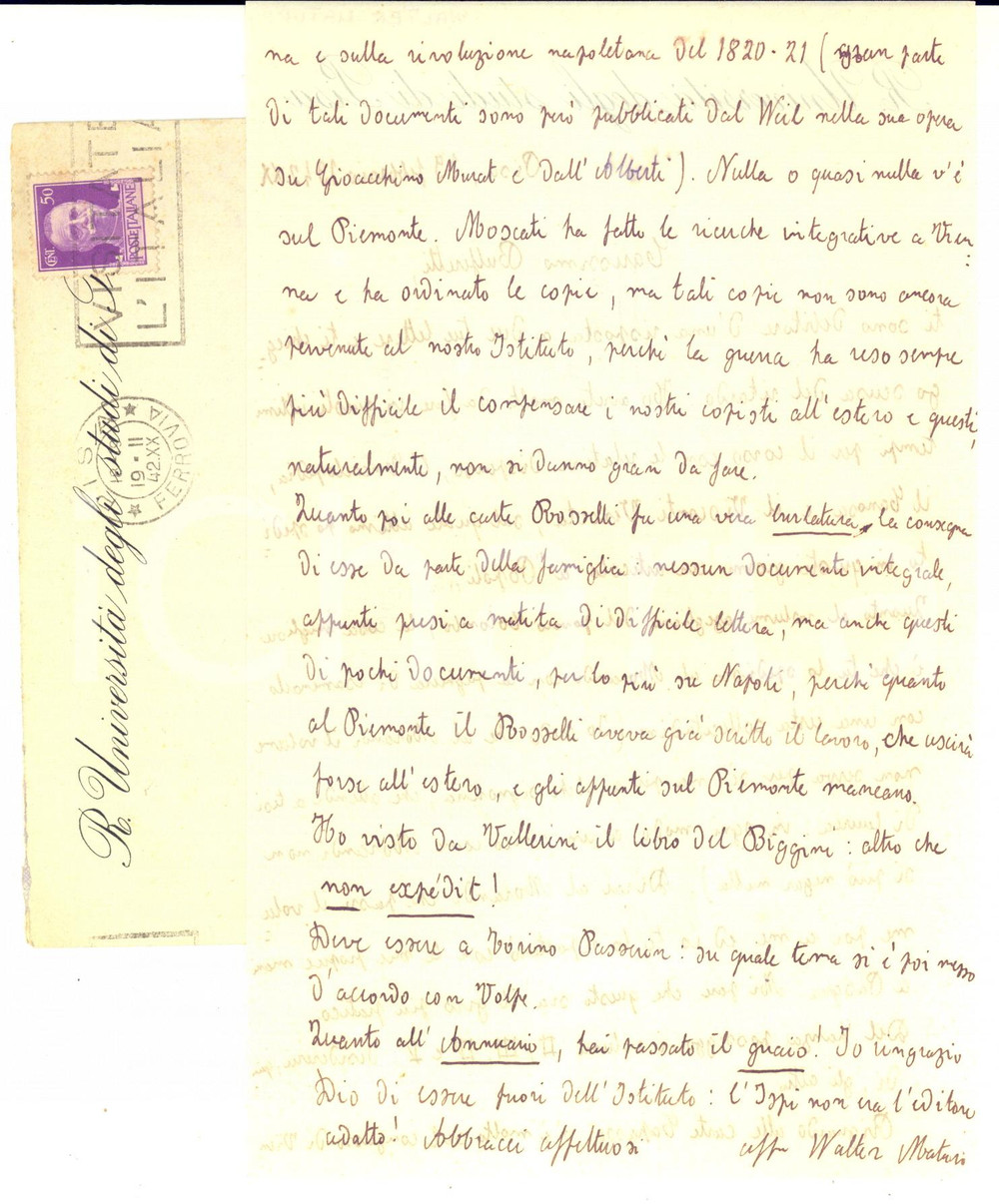 1942 PISA Lettera Walter MATURI per spedizione di un volume - AUTOGRAFO