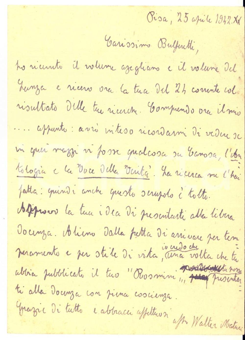 1942 PISA Cartolina Walter MATURI a Luigi Bulferetti - AUTOGRAFO FP VG