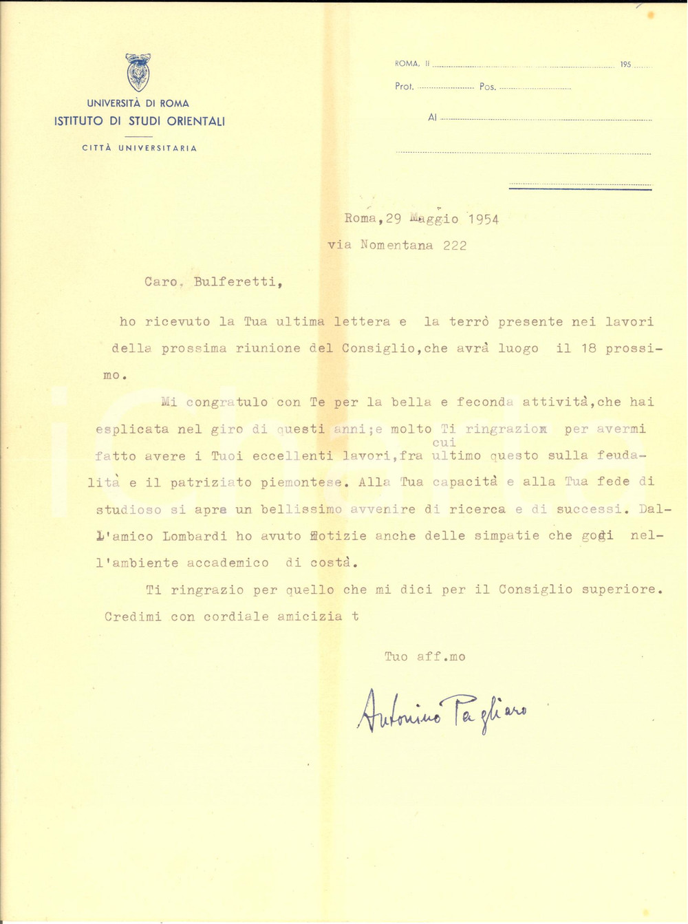 1954 ROMA Lettera Antonino PAGLIARO a Luigi BULFERETTI  - AUTOGRAFO
