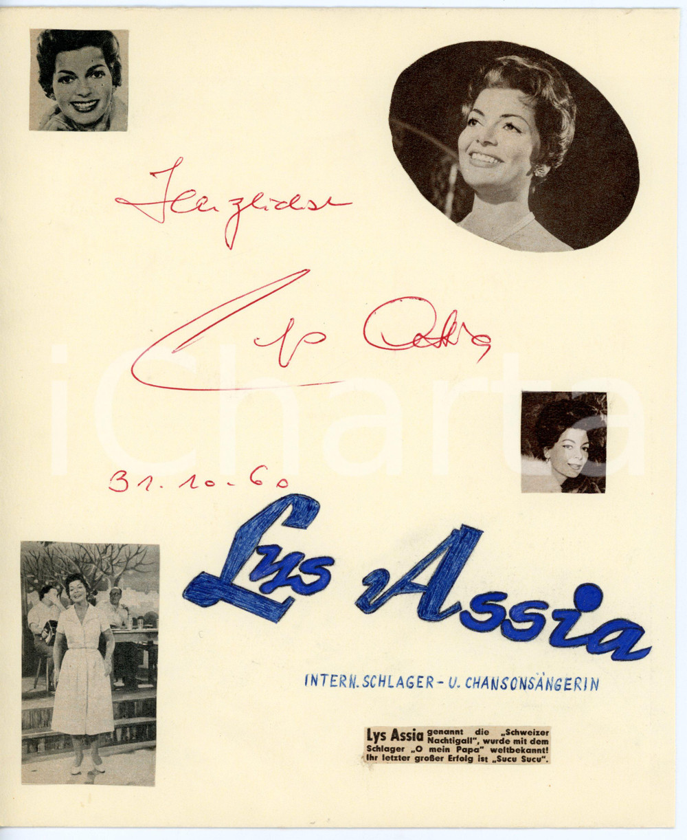 1960 MUSICA Cantante Lys ASSIA (Rosa Mina SCHARER) *Collage con AUTOGRAFO 20x24