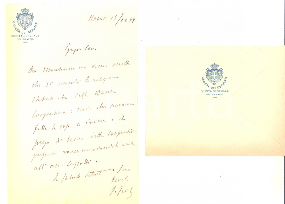 1899 ROMA Lettera on. Secondo FROLA pro Banca Cooperativa MONTANARO - AUTOGRAFO