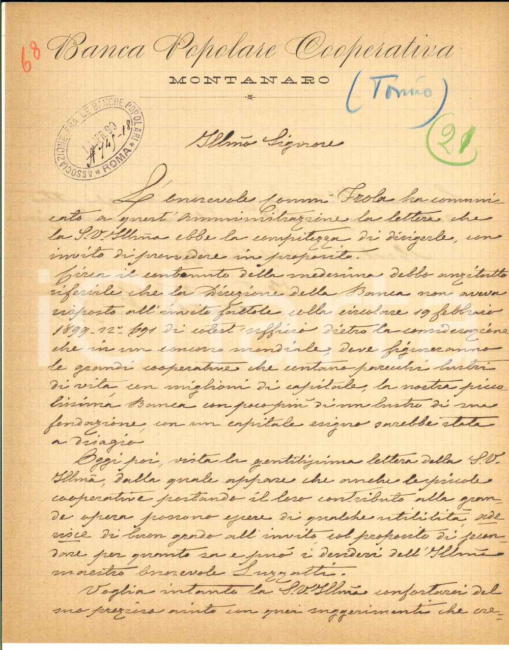 1899 MONTANARO Banca Popolare Cooperativa - Lettera Giuseppe BERTOLDI