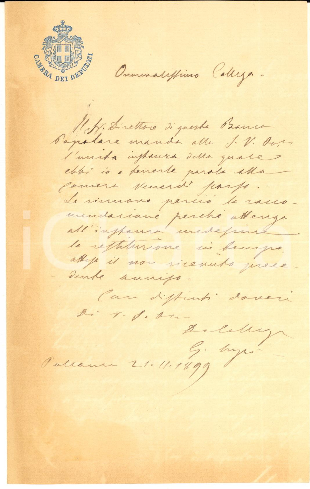 1899 VERBANIA PALLANZA Lettera on. Giuseppe CUZZI per un'istanza - AUTOGRAFO