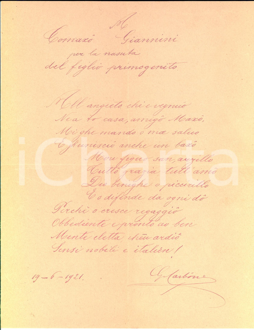 1921 Giacomo CARBONE A Tomaso Giannini per la nascita del primogenito AUTOGRAFO
