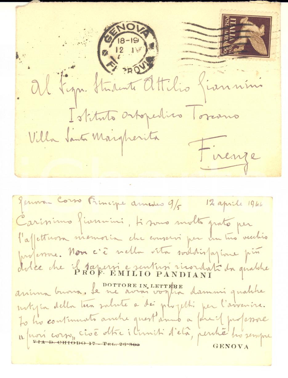1944 GENOVA Prof. Emilio PANDIANI dottore in Lettere - Biglietto AUTOGRAFO