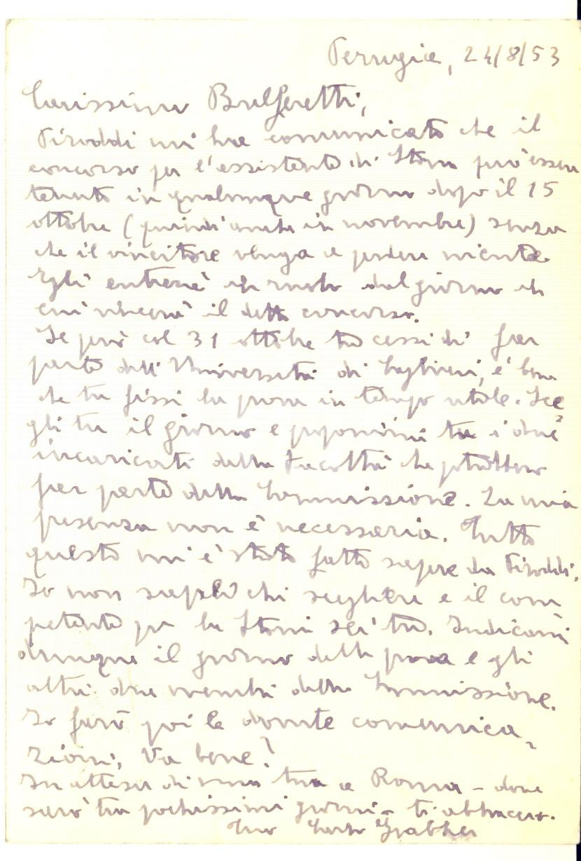 1953 PERUGIA Cartolina Carlo GRABHER per concorso universitario - Autografo