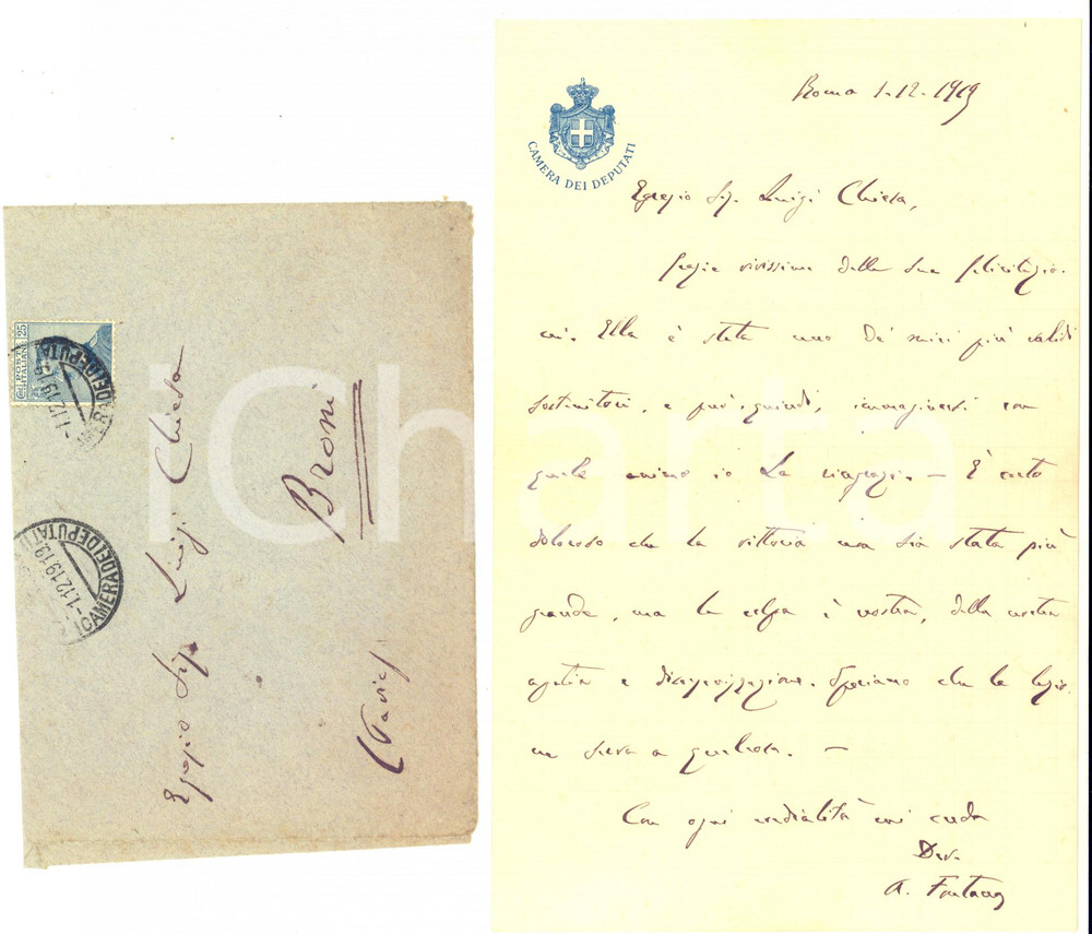 1919 ROMA Lettera on. Attilio FONTANA per ringraziamento - AUTOGRAFO