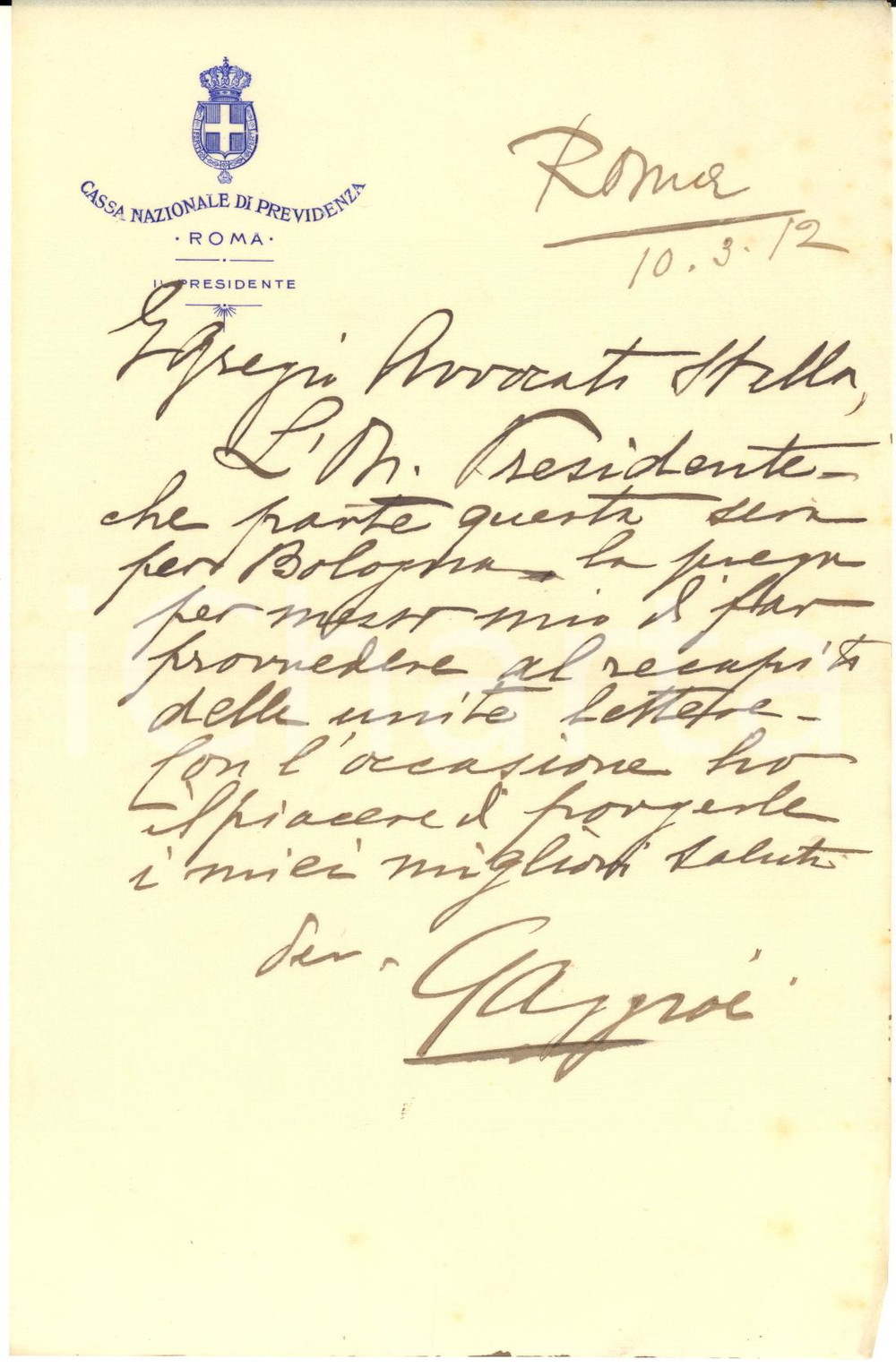 1912 ROMA Cassa Nazionale di Previdenza - Lettera Antonio GAGGIOLI - AUTOGRAFO