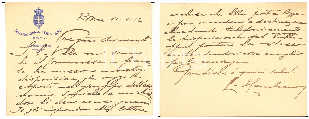 1912 ROMA CASSA PREVIDENZA Biglietto on. Cesare FERRERO DI CAMBIANO - AUTOGRAFO