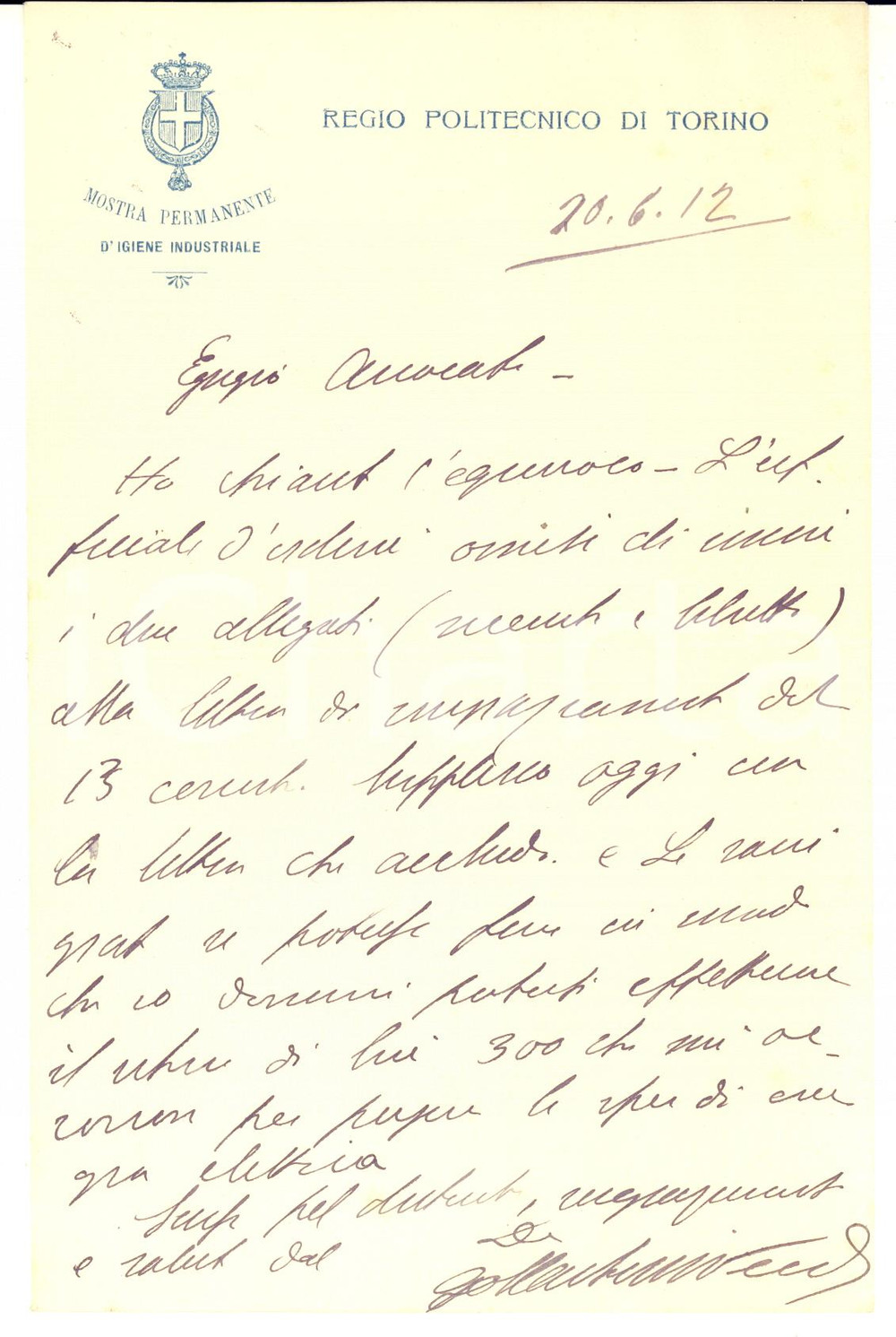 1912 TORINO Lettera Ugo Martin WEDARD - Mostra Igiene Industriale - AUTOGRAFO