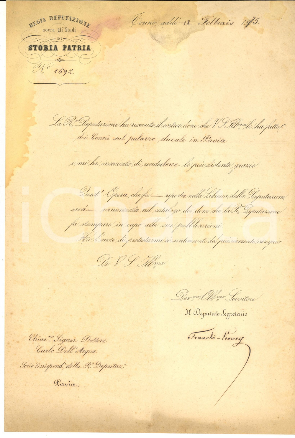 1875 TORINO Lettera Alessandro FRANCHI VERNEY per ringraziamento - AUTOGRAFO